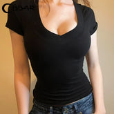 BXOXO Solid V-neck Skinny Cropped Top Summer Basic Short Sleeve Slim-fitting T-shirts Women y2k Aesthetic Tee Casual Streetwear